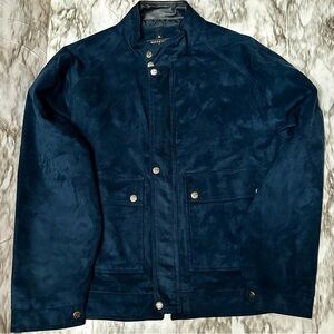 Report Deep Blue Suede Moto Oversized Jacket Sz L Biker Standing Collar Fall Fun